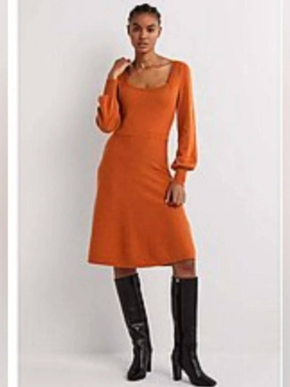 BODEN Orange/Rust Square Neck Knitted Midi Dress Size 10